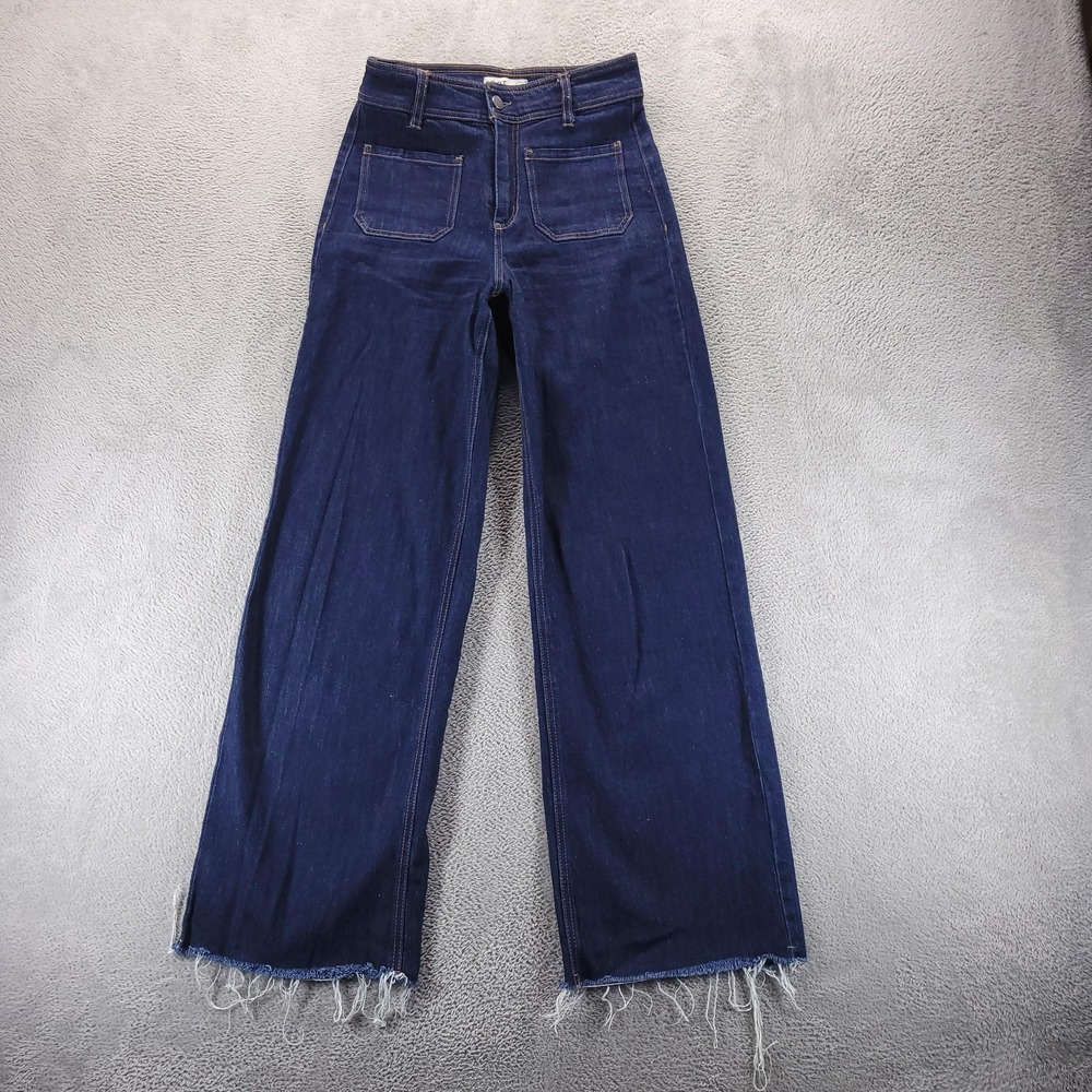 OAT New York Jeans Womens 2 Blue High Rise Wide Leg Raw Hem Stretch Utility